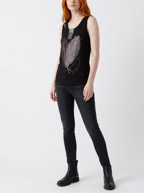 SHINY NWT Black Sleeveless Feather Tank with Rhinestone Detail